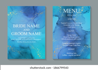 Modern abstract luxury wedding invitation design or card templates for birthday greeting or certificate or cover with blue watercolor waves or fluid art in alcohol ink style with golden glitter.