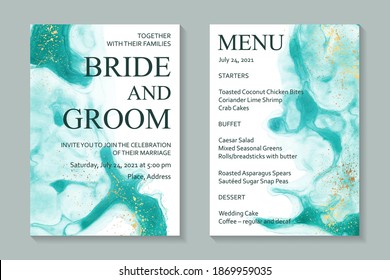 Modern abstract luxury wedding invitation design or card templates for birthday greeting or certificate or cover with green watercolor waves or fluid art in alcohol ink style with gold on a white.