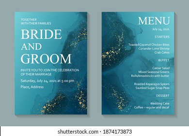 Modern abstract luxury wedding invitation design or card templates for birthday greeting or certificate or cover with blue watercolor waves or fluid art in alcohol ink style with golden glitter.