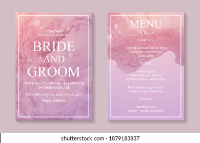 Modern abstract luxury wedding invitation design or card templates for birthday greeting or certificate or cover with pink watercolor waves or fluid art in alcohol ink style with copper glitter.