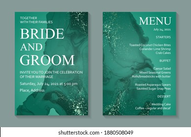 Modern abstract luxury wedding invitation design or card templates for birthday greeting or certificate or cover with green watercolor waves or fluid art in alcohol ink style with golden glitter.