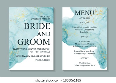 Modern abstract luxury wedding invitation design or card templates for birthday greeting or certificate or cover with teal blue watercolor waves or fluid art in alcohol ink style with gold on a white.