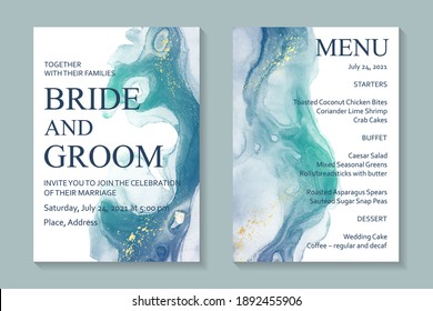 Modern abstract luxury wedding invitation design or card templates for birthday greeting or certificate or cover with blue watercolor waves or fluid art in alcohol ink style with gold on a white.