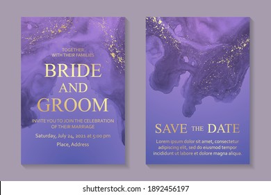 Modern abstract luxury wedding invitation design or card templates for birthday greeting or certificate or cover with purple watercolor waves or fluid art in alcohol ink style with golden glitter.