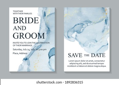 Modern abstract luxury wedding invitation design or card templates for birthday greeting or certificate or cover with blue watercolor stains or fluid art in alcohol ink style with gold on a white.