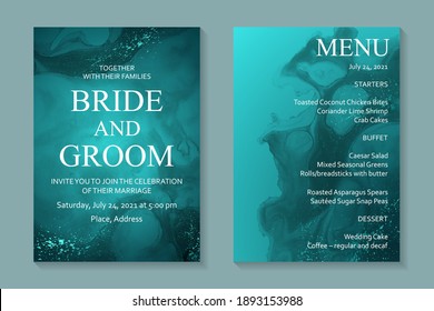 Modern abstract luxury wedding invitation design or card templates for birthday greeting or certificate or cover with turquoise green watercolor waves or fluid art in alcohol ink style with glitter.