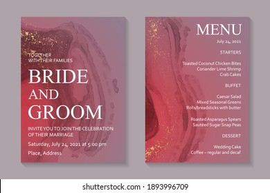 Modern abstract luxury wedding invitation design or card templates for birthday greeting or certificate or cover with red watercolor waves or fluid art in alcohol ink style with golden glitter.