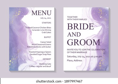 Modern abstract luxury wedding invitation design or card templates for birthday greeting or certificate or cover with purple watercolor waves or fluid art in alcohol ink style with gold on a white.