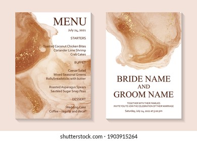 Modern abstract luxury wedding invitation design or card templates for birthday greeting or certificate or cover with brown watercolor waves or fluid art in alcohol ink style with gold on a white.