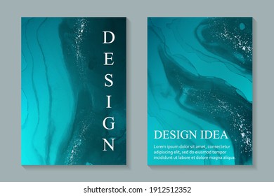 Modern abstract luxury wedding invitation design or card templates for birthday greeting or certificate or cover with teal blue watercolor waves or fluid art in alcohol ink style with silver glitter.