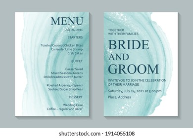 Modern abstract luxury wedding invitation design or card templates for birthday greeting or certificate or cover with teal watercolor waves or fluid art in alcohol ink style on a white.