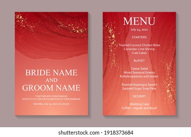 Modern abstract luxury wedding invitation design or card templates for birthday greeting or certificate or cover with red watercolor waves or fluid art in alcohol ink style with rose gold glitter.