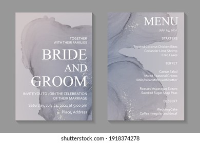 Modern abstract luxury wedding invitation design or card templates for birthday greeting or certificate or cover with gray watercolor waves or fluid art in alcohol ink style with silver glitter.