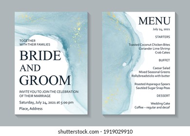 Modern abstract luxury wedding invitation design or card templates for birthday greeting or certificate or cover with blue watercolor waves or fluid art in alcohol ink style with gold on a white.