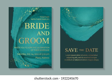 Modern abstract luxury wedding invitation design or card templates for birthday greeting or certificate or cover with green watercolor waves or fluid art in alcohol ink style with golden glitter.