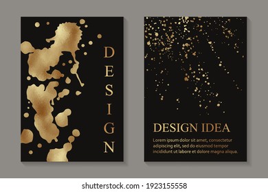 Modern abstract luxury wedding invitation design or card templates for birthday greeting or certificate or cover with golden paint splashes on a black background.