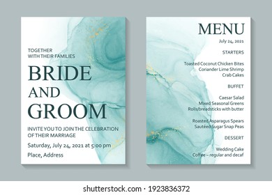 Modern abstract luxury wedding invitation design or card templates for birthday greeting or certificate or cover with turquoise watercolor waves or fluid art in alcohol ink style with gold on a white.