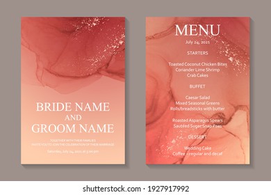 Modern abstract luxury wedding invitation design or card templates for birthday greeting or certificate or cover with red watercolor waves or fluid art in alcohol ink style with golden glitter.