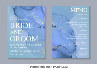 Modern abstract luxury wedding invitation design or card templates for birthday greeting or certificate or cover with blue watercolor waves or fluid art in alcohol ink style with golden glitter.