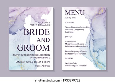 Modern abstract luxury wedding invitation design or card templates for birthday greeting or certificate or cover with purple watercolor waves or fluid art in alcohol ink style with gold on a white.