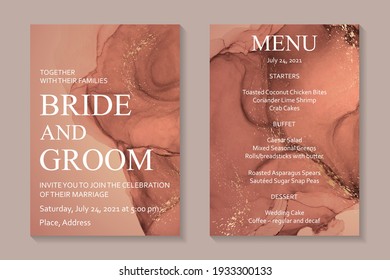 Modern abstract luxury wedding invitation design or card templates for birthday greeting or certificate or cover with copper watercolor waves or fluid art in alcohol ink style with golden glitter.