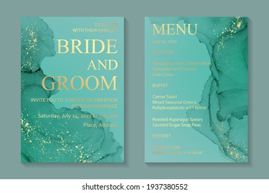 Modern abstract luxury wedding invitation design or card templates for birthday greeting or certificate or cover with green watercolor waves or fluid art in alcohol ink style with golden glitter.