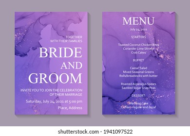 Modern abstract luxury wedding invitation design or card templates for birthday greeting or certificate or cover with purple watercolor waves or fluid art in alcohol ink style with rose gold gliter.
