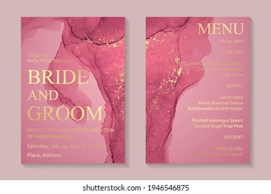 Modern abstract luxury wedding invitation design or card templates for birthday greeting or certificate or cover with pink watercolor waves or fluid art in alcohol ink style with golden glitter.