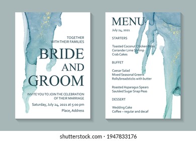 Modern abstract luxury wedding invitation design or card templates for birthday greeting or certificate or cover with blue watercolor waves or fluid art in alcohol ink style with gold on a white.
