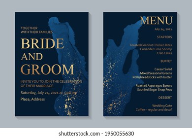 Modern abstract luxury wedding invitation design or card templates for birthday greeting or certificate or cover with navy blue watercolor waves or fluid art in alcohol ink style with golden glitter.