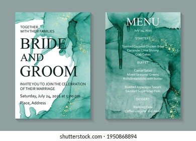 Modern abstract luxury wedding invitation design or card templates for birthday greeting or certificate or cover with green watercolor stains or fluid art in alcohol ink style with gold on a white.