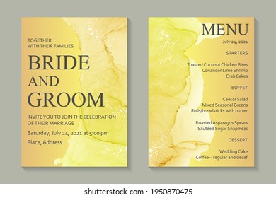 Modern abstract luxury wedding invitation design or card templates for birthday greeting or certificate or cover with bright yellow watercolor stains or fluid art in alcohol ink style,.