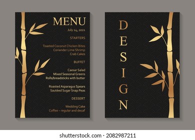 Modern abstract luxury wedding invitation design or card templates for birthday greeting or certificate or cover with golden bamboo on a black background.