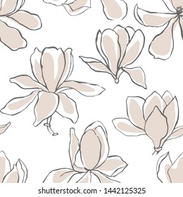Modern abstract  Magnolia flowers background. Floral Seamless pattern. Pastel scandinavian colors palette. Textile composition, hand drawn style print. Vector illustration.