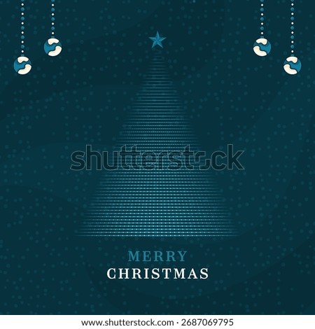 Modern, abstract Merry Christmas vector Geometric Christmas tree of shining lines and star. Deep blue, textured background accented by subtle falling snow and hanging ornaments.