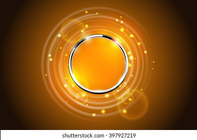 Modern Abstract Metal Ring Sparkling Background. Chrome Round Frame With Light Circle, Flare And Spark Light Effect. Vector Orange Glowing Stainless Steel Logo Place Concept.