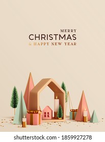 Modern abstract minimal Christmas poster, holiday banner, flyer, stylish brochure, greeting card. Xmas Background design 3d render festive decorative objects. Merry Christmas and Happy New Year.