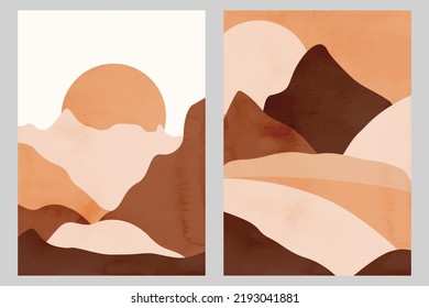 Modern abstract minimalist landscape poster. Mountains and sun. Pastel colors, earth tones. Boho mid-century prints. Flat design.  Stock vector illustration
