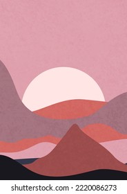 Modern abstract minimalist landscape poster. Hills, fields and sun. Boho mid-century prints. Abstract contemporary aesthetic backgrounds landscape.Flat design.  