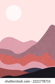 Modern abstract minimalist landscape poster. Hills, fields and sun. Boho mid-century prints. Abstract contemporary aesthetic backgrounds landscape.Flat design.  