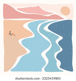 Modern abstract minimalist landscape poster. A lonely woman looking oт sunrise.  Back to nature. Pastel colors. Boho mid-century  art print. Flat design. Stock vector illustration