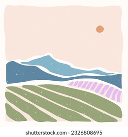 Modern abstract minimalist landscape poster. Provence France. Fields, sun and mountains. Pastel colors. Boho mid-century prints. Flat design. 