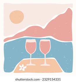 Afiche moderno abstracto del paisaje minimalista. Colores pasteles. Dos copas de vino con el telón de fondo de una puesta de sol en el mar. Impresión artística de Boho de mediados del siglo XX. Diseño plano. ilustración vectorial de stock