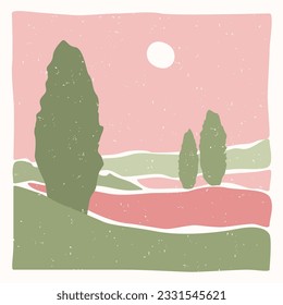 Modern abstract minimalist landscape poster.  Ukrainian landscape. Pastel colors. Pink and green.  Boho mid-century  art print. Flat design. Stock vector illustration