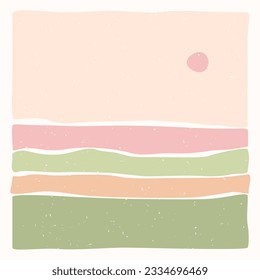 Modern abstract minimalist landscape poster.  Ukrainian landscape. Pastel colors. Pink and green.  Boho mid-century  art print. Flat design. Stock vector illustration