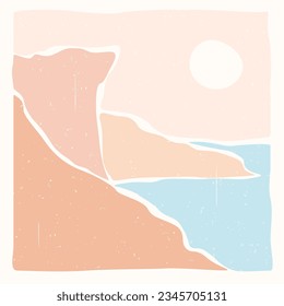 Modern abstract minimalist landscape poster. Sea and mountains.   Back to nature. Pastel colors. Boho mid-century  art print. Flat design. Stock vector illustration