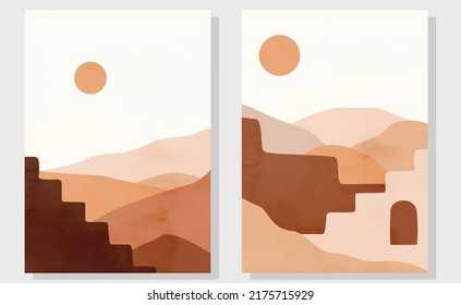 Modern abstract minimalist landscape posters. Desert, mountains, old city. Abstract ruins contemporary poster.Pastel colors, earth tones. Boho mid-century print. Flat design. Stock vector illustration