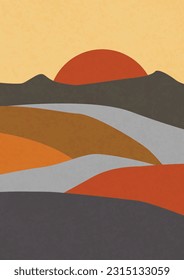 Modern abstract minimalist landscape posters. Desert, sun and moon. Mountains. Pastel colors, earth tones. Boho mid-century prints. Flat design. Stock vector illustration