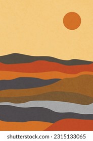 Modern abstract minimalist landscape posters. Desert, sun and moon. Mountains. Pastel colors, earth tones. Boho mid-century prints. Flat design. Stock vector illustration