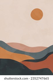 Modern abstract minimalist landscape posters. Desert, sun and moon. Day and night scene. Pastel colors, earth tones. Boho mid-century prints. Flat design. 